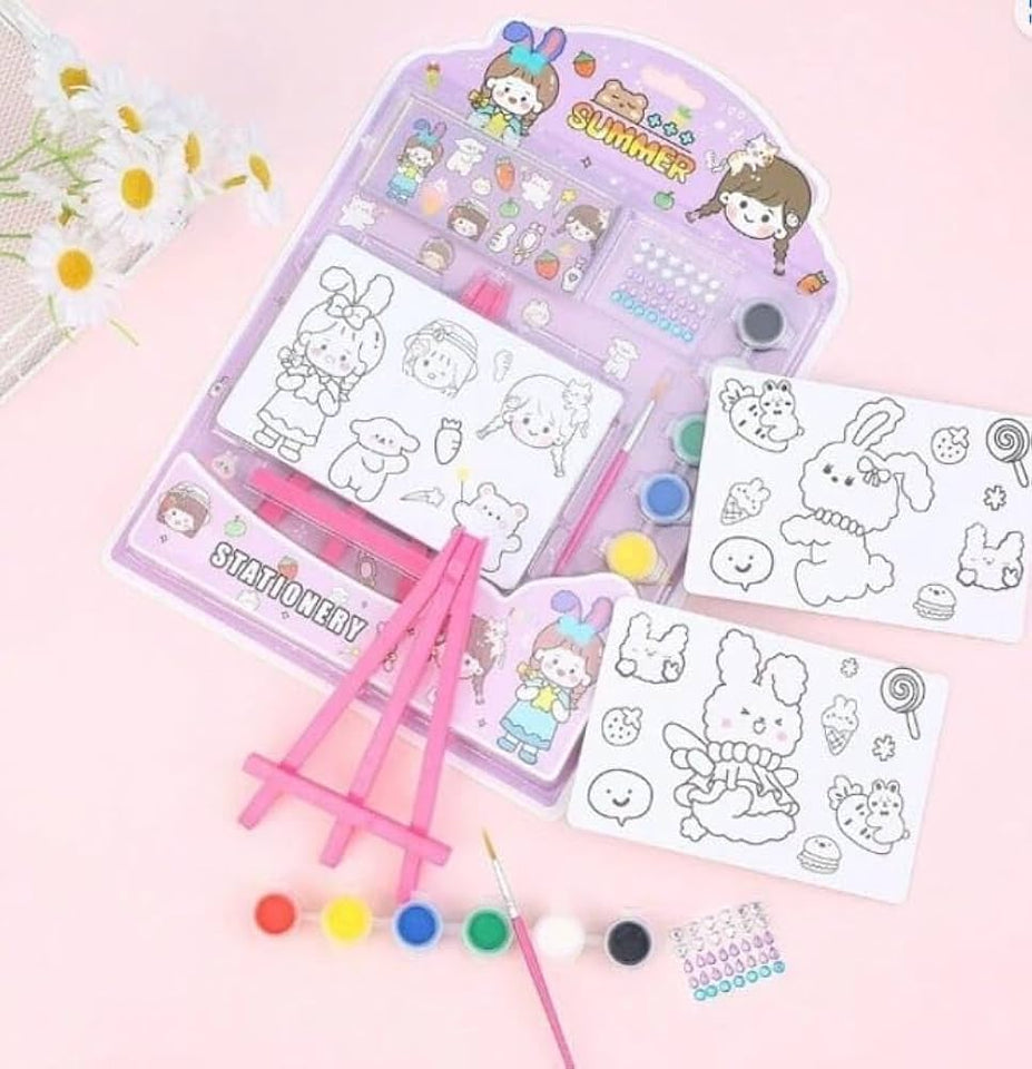 Small Painting kit with Paints, Brush and Stand, Canvas Painting Kit for Kids, Water Color Painting kit