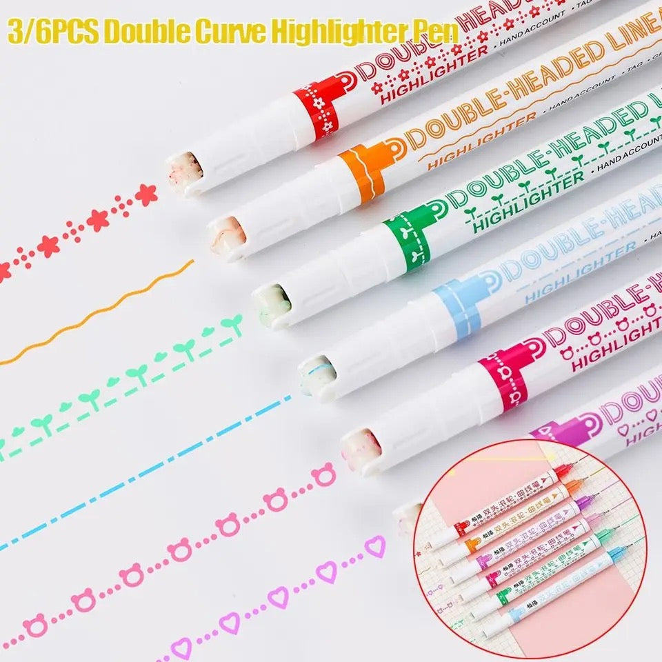 Double Pen Tip Curve Line Highlighter Pen Creative Flower-shaped Curve Line Marker Student School Supplies Stationery 1/3/6PCS - Babytoon