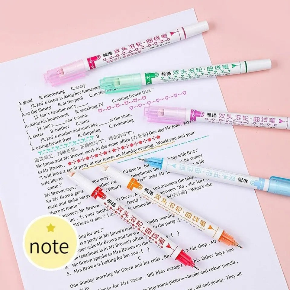Double Pen Tip Curve Line Highlighter Pen Creative Flower-shaped Curve Line Marker Student School Supplies Stationery 1/3/6PCS - Babytoon