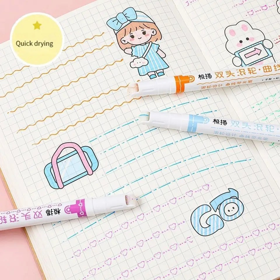 Double Pen Tip Curve Line Highlighter Pen Creative Flower-shaped Curve Line Marker Student School Supplies Stationery 1/3/6PCS - Babytoon