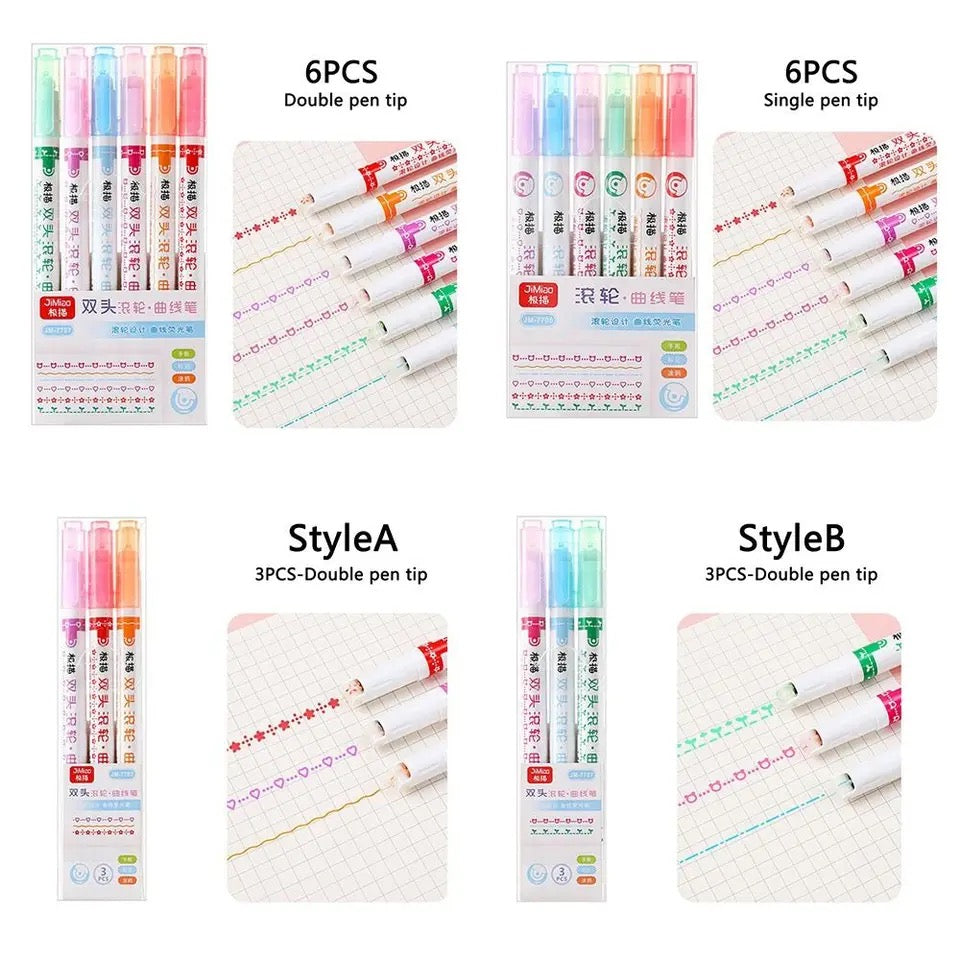 Double Pen Tip Curve Line Highlighter Pen Creative Flower-shaped Curve Line Marker Student School Supplies Stationery 1/3/6PCS - Babytoon