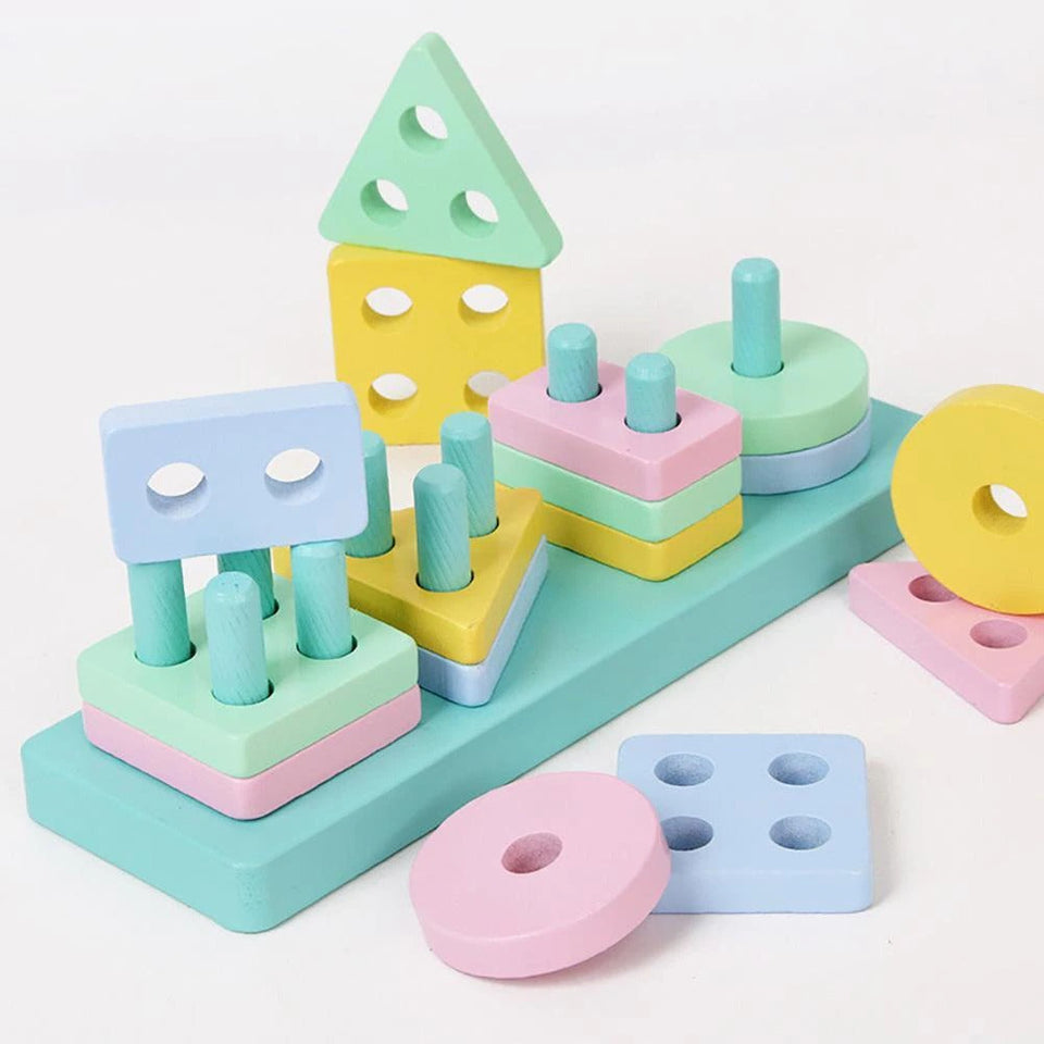Kids Wooden 4 Geometric Assembling Stacking Blocks Early Learning Toy - Babytoon