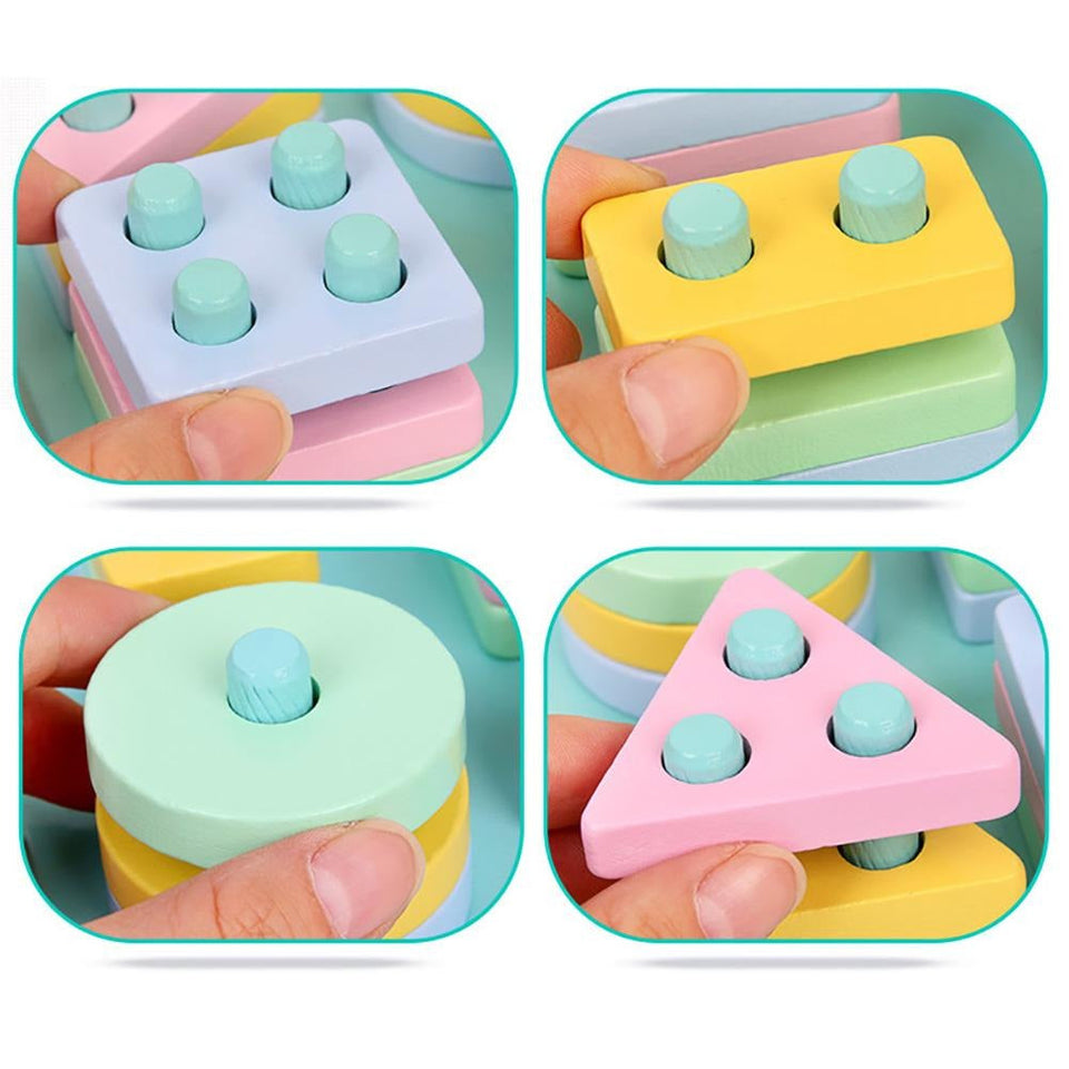 Kids Wooden 4 Geometric Assembling Stacking Blocks Early Learning Toy - Babytoon