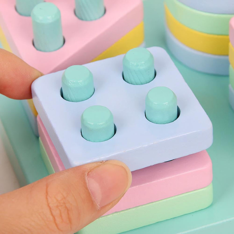 Kids Wooden 4 Geometric Assembling Stacking Blocks Early Learning Toy - Babytoon