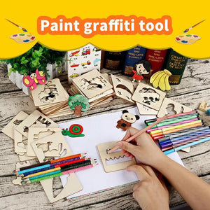 Set of Kids Drawing Stencils Watercolor Pen Early Educational Toy Wood DIY Art Craft Color Painting Templates Drawing Accessories