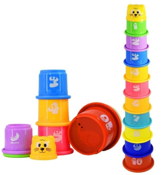 Colorful Stacking Cups with Numbers and Fruit Names