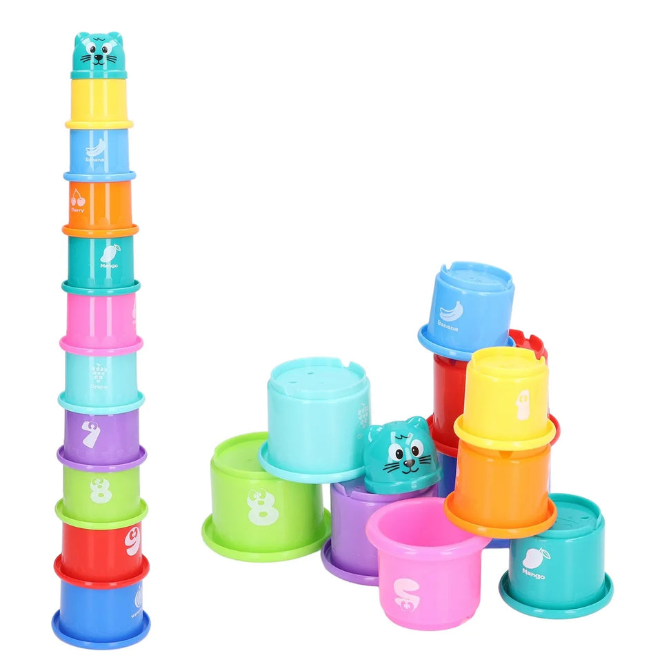 Colorful Stacking Cups with Numbers and Fruit Names